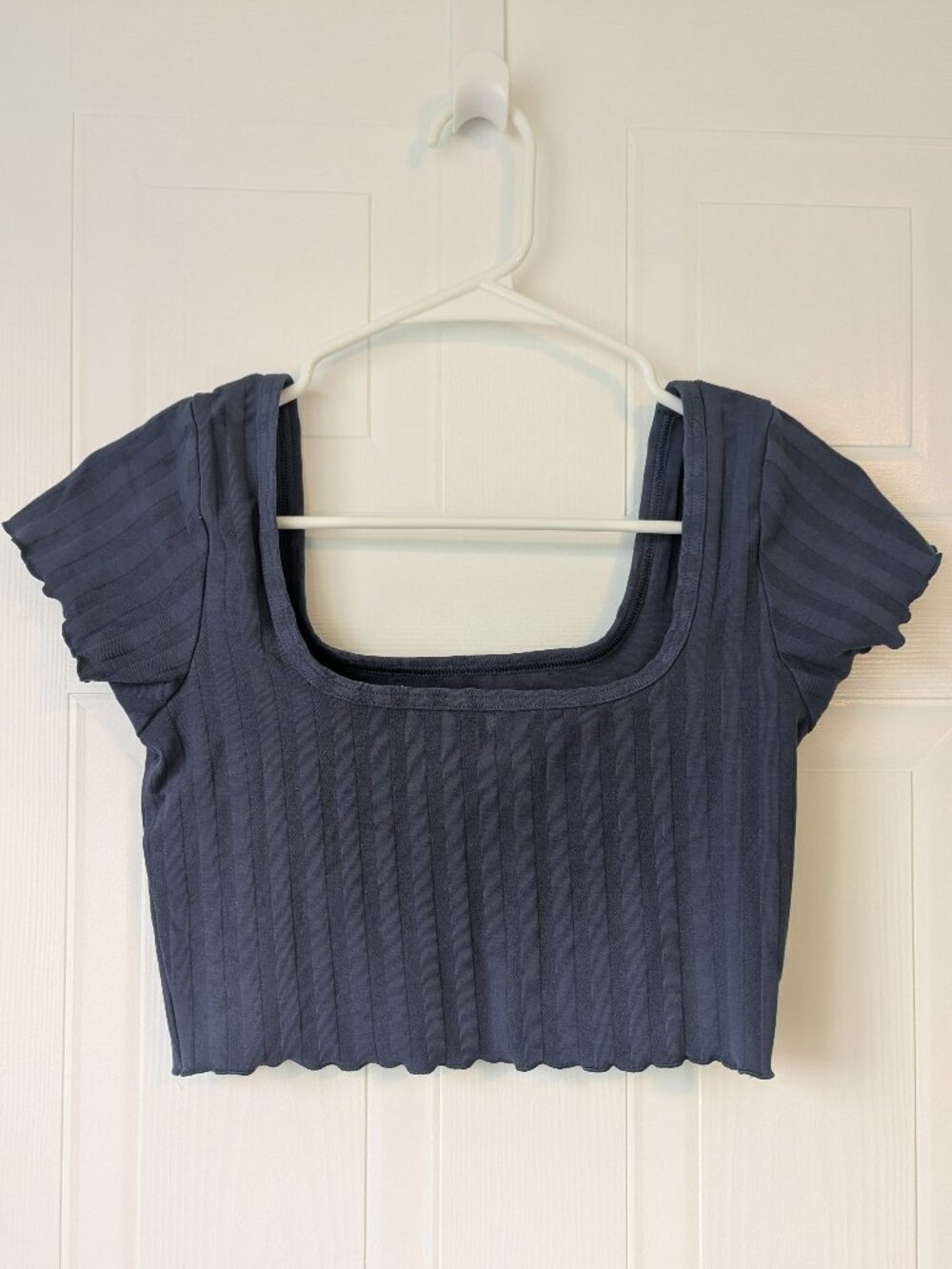 aerie Offline Crop Top Small Blue Square Neck Ribbed Ruffle Sleeve Lettuce Hem